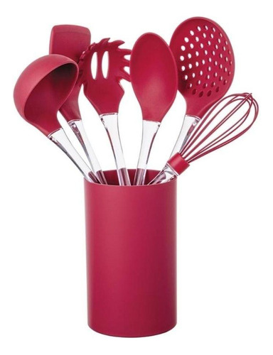 Kit 7 Utensílios Silicone Com Cabo De Acrilico Vermelho Euro