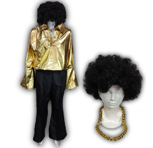 Disfraz Época Disco 70s Para Hombre, Peluca Afro Y Collar.