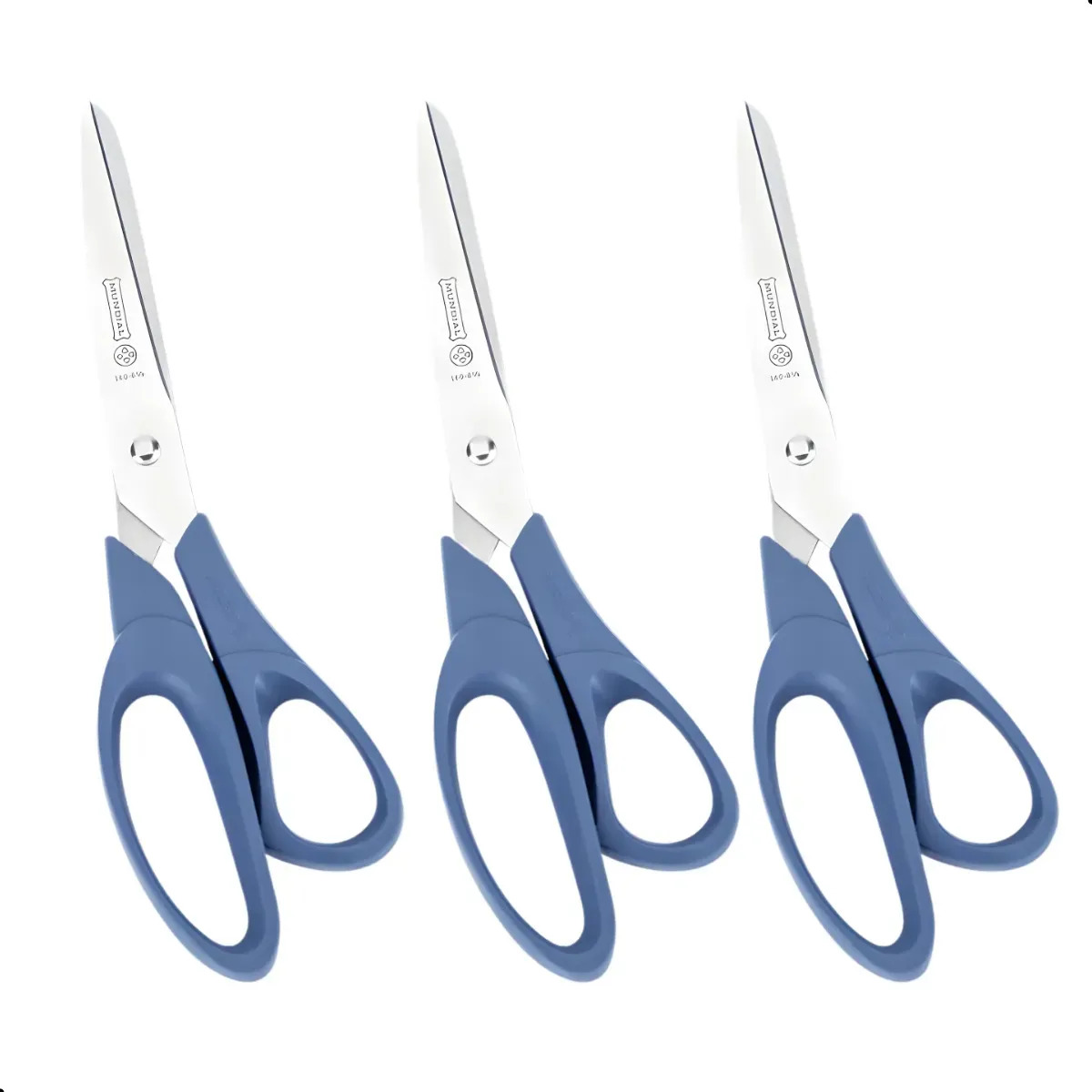 Kit 3 Tesoura Grande Mundial Multiuso Costura Artes 21cm Azul