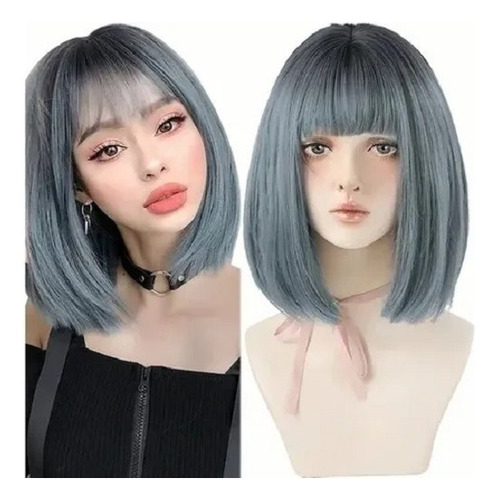 / Moda Mujer Peluca Natural Corta Color Azul Fibra Sintética