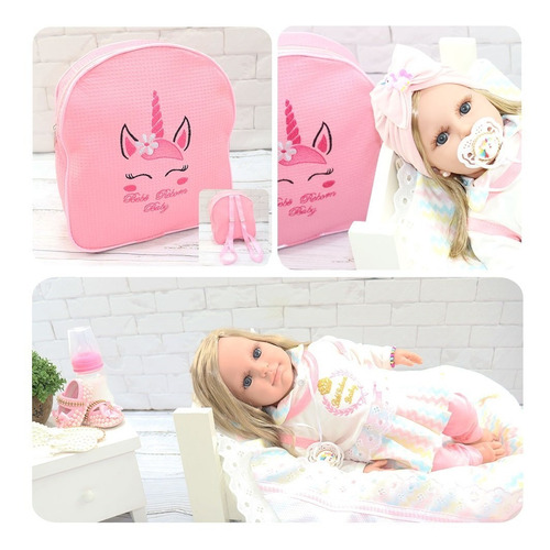 Boneca Bebê Reborn Luxo Rosa Vários Itens E Mochila
