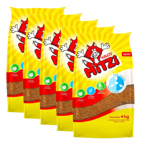 Kit 5 Areia Para Gatos Mitzi Kelco Granulado Sanitário - 4kg