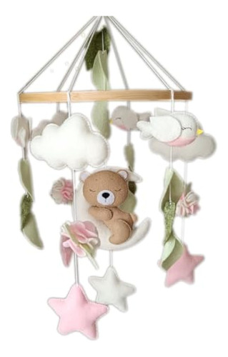 Mobile For A Girl With A Bear On The Moon. Bear Baby Mobile.