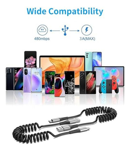 Cable Usb C Enrollado Para Coche 2 Paquetes, Cable Cargador