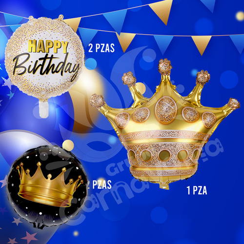 Kit 5 Globos Feliz Cumpleaños Corona Dorada Decoración Fiest