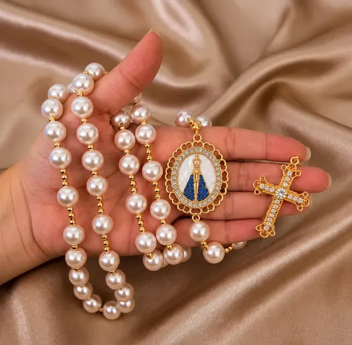 Terço De Noiva Com Pérola Casamento Folheado Nossa Senhora