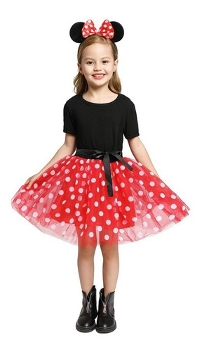 Imagem 1 de 9 de Vestido Infantil Minnie Luxo Com Arco Saia Voal E Laço Cetim