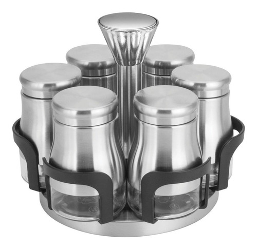 Porta Temperos 6 Potes Aço Inox Vidro C/ Suporte Giratório