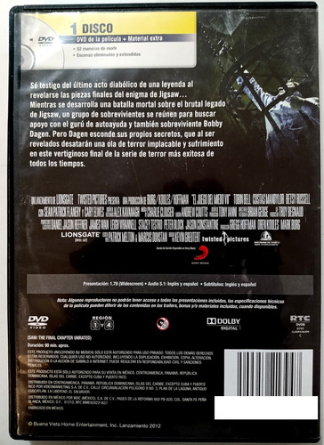 El Juego Del Miedo 7 El Capitulo Final Saw Dvd Original (Usado)