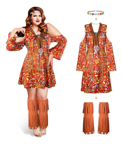 Zhanmai 70s Hippie Mujer Disfraz Discoteca Vestido Flor Diad