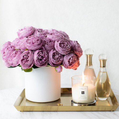 Arreglo Floral Artificial Peonias Moradas En Florero Blanco