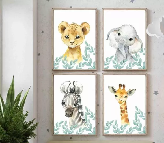 Kit 4 Quadro/placas Conjunto Infantil Safari Girafa+molduras