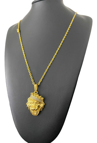 Cordão Luxo + Pingente Leão  Banhado A Ouro 18k Cadeado 2mm
