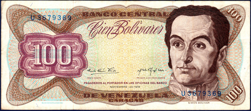 Billete De 100 Bolívares U7 Noviembre 23 1976 Simón Bolívar
