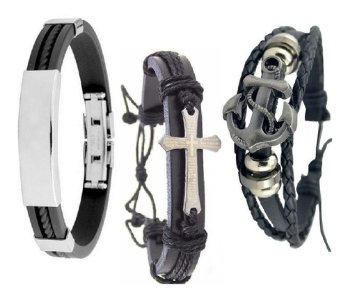 Pulseira Feminina Masculina Couro Bracelete Kit 3 Unidades Comprimento 18 cm Cor Preto Diâmetro 6 cm