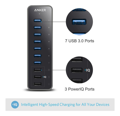 Anker 10 Puertos 60w Data Hub Con 7 Puertos Usb 3.0 Y 3 Puer