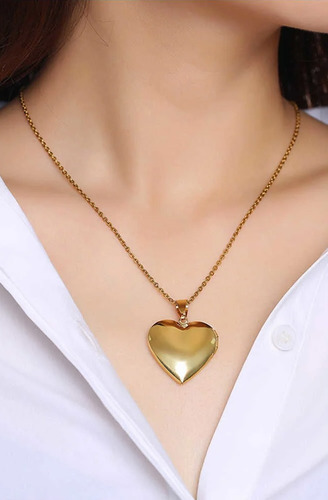 Collar Dije Corazon Medallon Ligero Acero Inoxidable Charm P Dorado