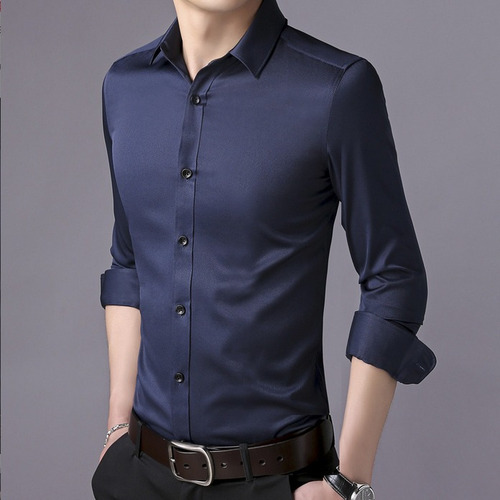 Camisa De Vestir Hombre Moda Slim Color Sólido Manga Larga