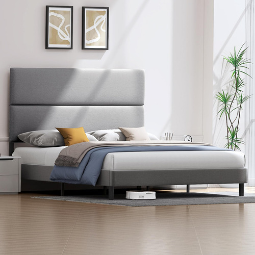 Marco De Cama Queen Con Cabecera Ajustable Tapizado Gris Cla