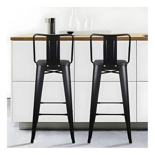 Set 2 Bancos Alto Respaldo Estructura Metálica Cocina Barra Color Negro
