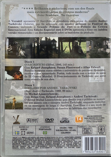 Dvd Duplo O Sacrifício (1986) Lacrado Andrei Tarkóvski