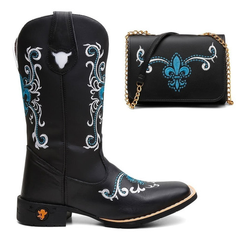 Bota Botina Texana Feminina Country Em Couro Flores + Bolsa