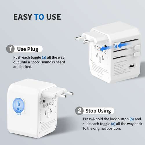 Adaptador de viaje universal Epicka blanco con 3 puertos USB-C y 2 puertos USB-A, compatible con EE. UU., UE, Reino Unido y Australia.