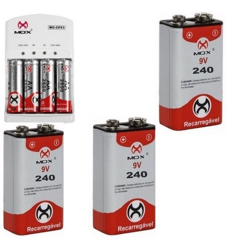 Imagem 1 de 6 de 4 Pilhas Aa + 3 Bateria Recarregável 9v Mox + Carregador