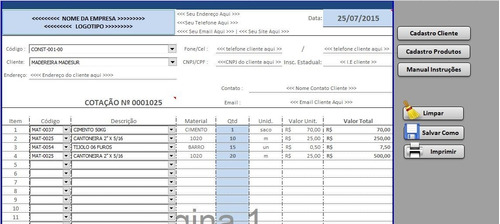 Planilha Excel-cotação/orçamento+cadastro Clientes E Produto