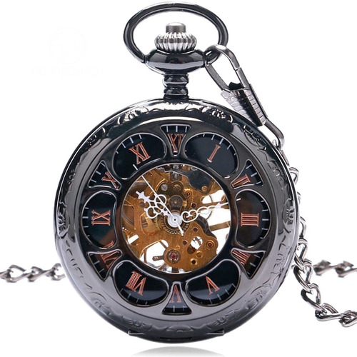 Relógio De Bolso Black Steampunk Mecânico A Corda Automático