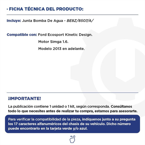 Imagen 2 de 9 de Junta Bomba De Agua Ford Ecosport 12/+ Original