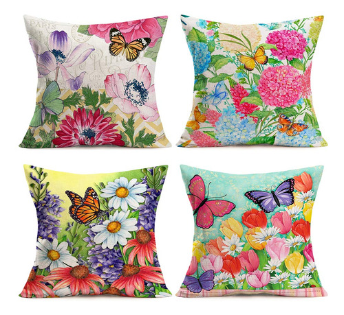 Set De 4 Fundas Almohada Decorativas Mariposas Flores Colori