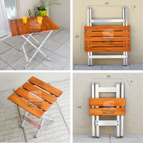 Combo Mesa Plegable Aluminio Madera 75x66 + 2 Bancos Balcon