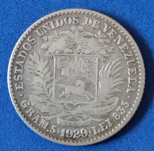 Moneda De 1 Bs De 1929, Plata 5 Gr.