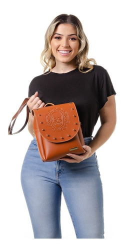 Mini Mochila Feminina Couro Ecológico Bolsa Alice Monteiro Cor Caramelo