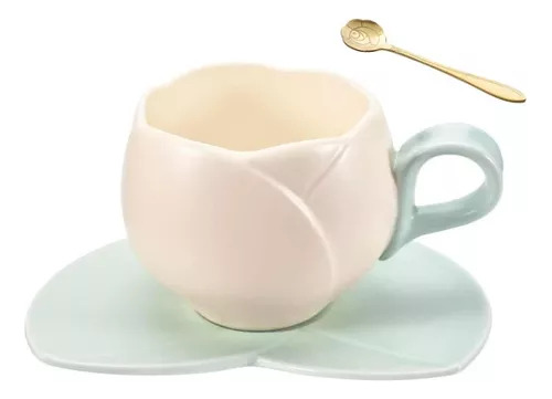 Taza De Cerámica Con Estampado De Tulipanes Y Cuchara