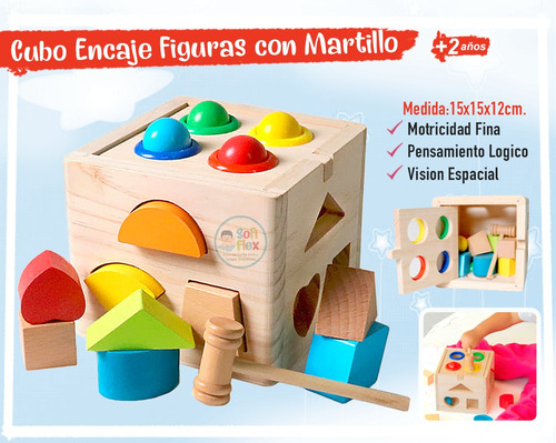 Cubo De Encaje De Figuras Geometricas Y Martillo Didactico