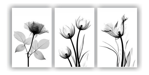 Quadro decorativo X4Adesivos Quadro kit quadros 3peças 60x40 flores cinza preto e branco x 1cm - preto