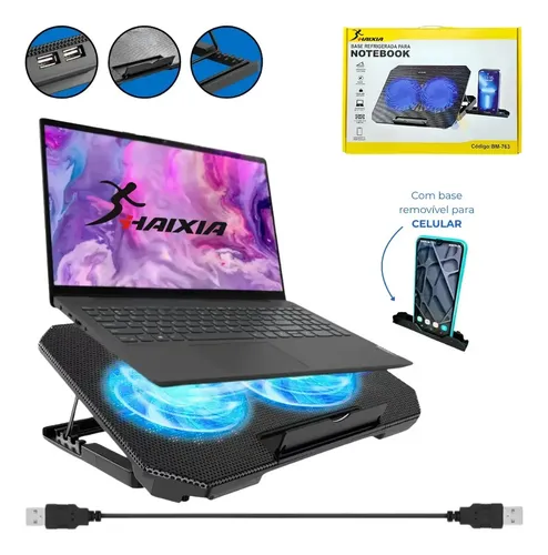 Suporte Notebook Base Led Refrigerada Ventilação Silenciosa Ajustável 2 Cooler Cor Preto LED Azul