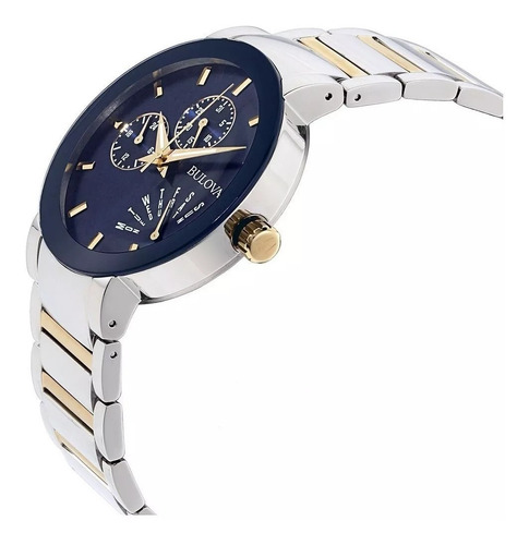Relógio masculino Bulova Classic Day Date Original Time Square, cor da pulseira prateada/dourada, cor do bisel, azul, fundo azul