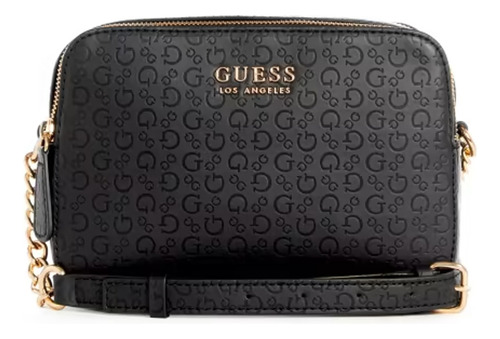 Bolsa  Guess Crossbody E02-3937s Diseño Liso De Cuero Sintético  Negra Con Correa De Hombro Negra Asas Color Rosa Y Herrajes Oro