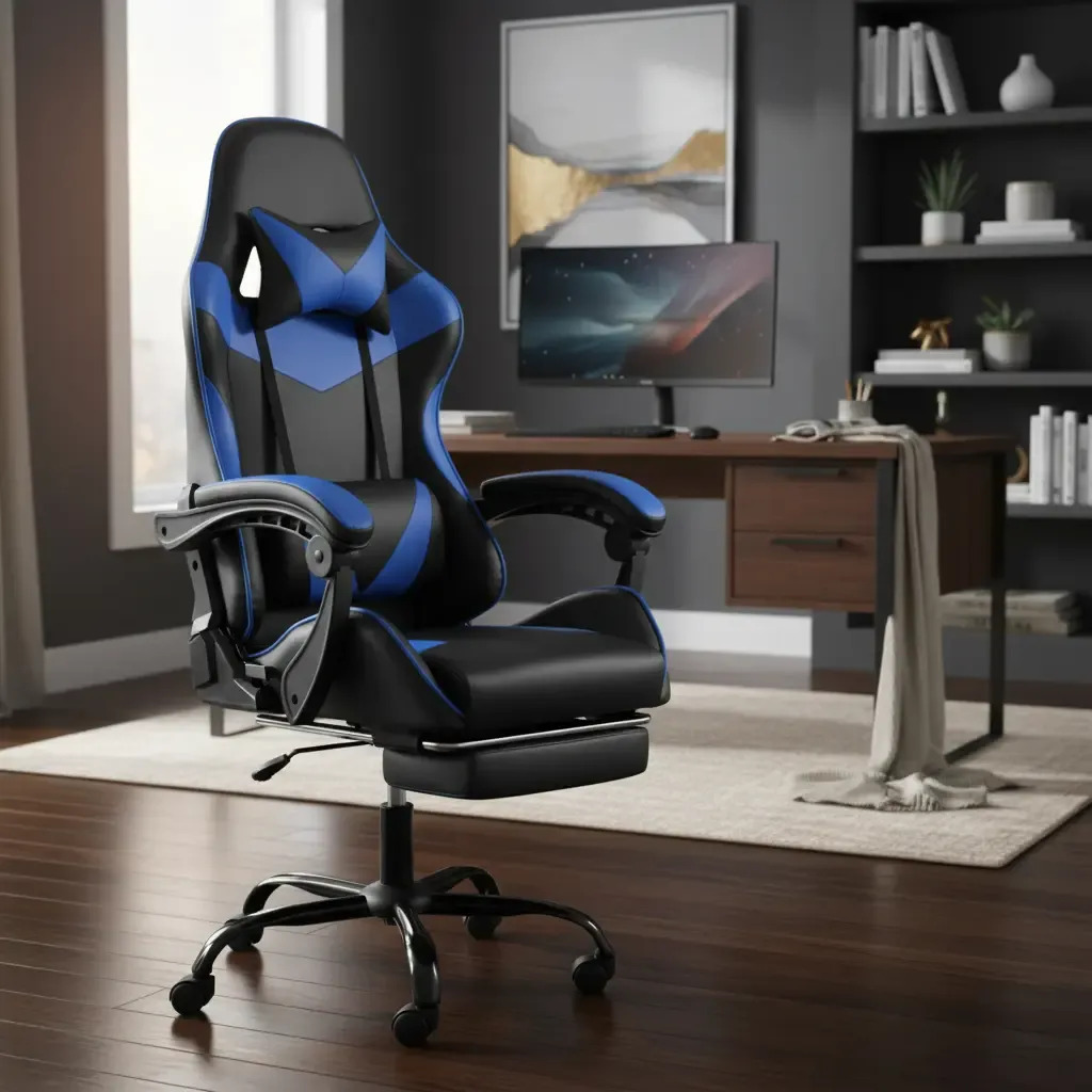 Cadeira Gamer Giratória Vg Reclinável Estofado Couro Cor Azul