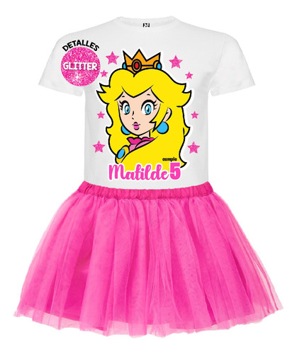 Disfraz Vestido Princesa Peach Personalizado Polera + Tutú Niñas Detalles Glitter Cumpleaños