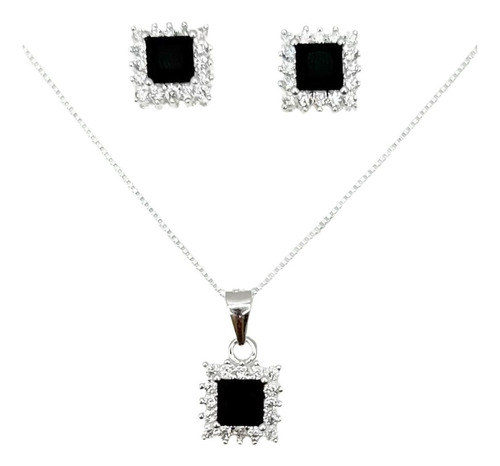 Conjunto Onex Negro Circón Collar Dije Aro Plata 925  +caja 