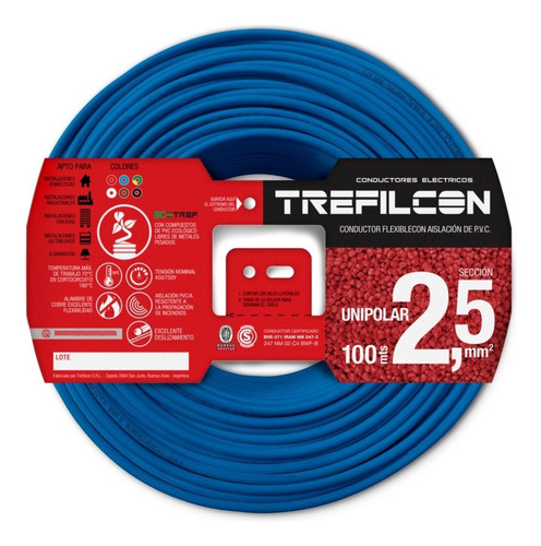 Cable Unipolar Trefilcon 2.5 Mm Normalizado Rollo 100 Metros Color De La Cubierta Celeste