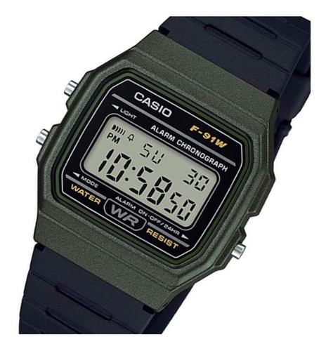 Reloj de pulsera Casio Collection F-91 de cuerpo color verde, digital, fondo gris, con correa de resina color negro, dial negro, minutero/segundero negro, bisel color verde y hebilla simple