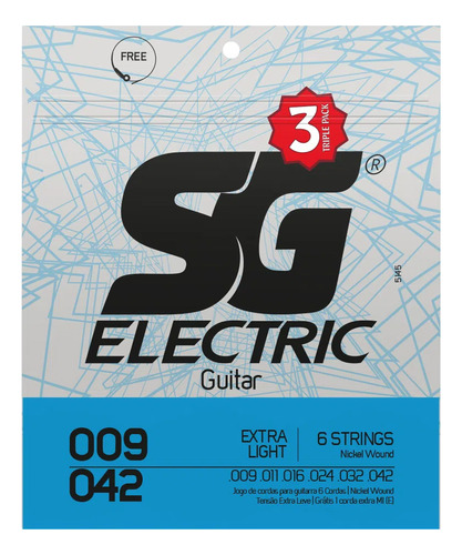 Pack 3 Encordoamentos Sg P/ Guitarra 009 Níquel Extra Light