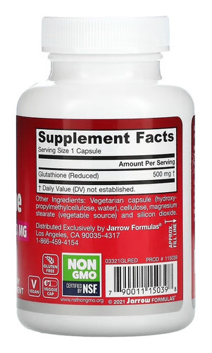 Jarrow Formulas Glutacion Reducida 500mg 60 Caps Glutathione Sabor Sin Sabor