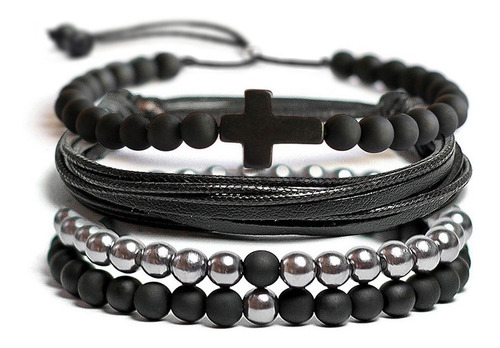 Kit C/ 4 Pulseiras Masculina Feminina Couro Pedra Terço Cruz