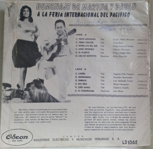 Jch- Martha Y Pablo Homenaje A La Feria Int.pacifico Vals Lp (Usado)
